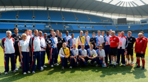 FAMOUS FACES: Great Britain's cerebral palsy footballers meet the England squad at the City of Manchester Stadium