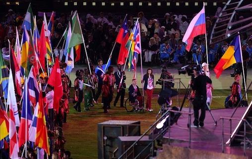 HOME HEROES: David Weir and Sarah Storey carry the British flag at the conclusion of the London 2012 Paralympic Games   