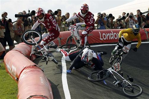 CARNAGE: There are more thrills and spills today at the BMX where Team GB's Shanaze Reade and Liam Phillips will hope to avoid the chaos and accidents