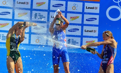 CHAMPAGNE MOMENT: Helen Jenkins celebrates after winning the World Triathlon Series event in San Diego, underling her Olympic intent (ITU)  